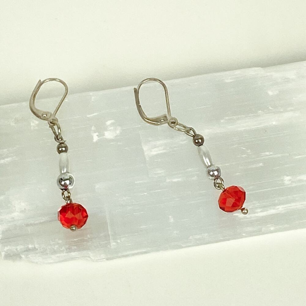 Red and White Dangly Earrings Beaded